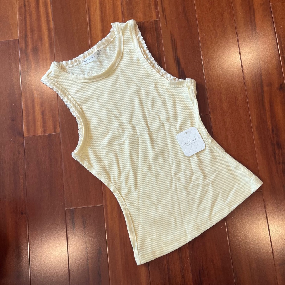 Altar'd State Tank Top Butter Yellow Ribbed Lace Trim Sleeveless New Sz XXS 2XS